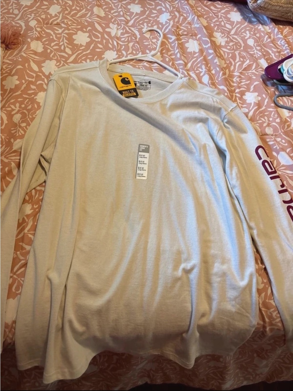 Carhartt Long-Sleeve Crew Shirt in Light Tan with Maroon Sleeve Logo
